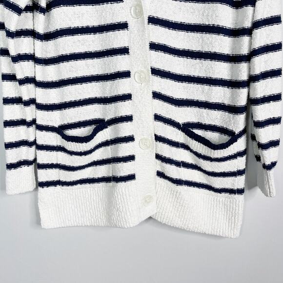 New LOFT S White Navy Blue Striped V Neck Pocket Long Cardigan Sweater Cotton - Picture 3 of 12
